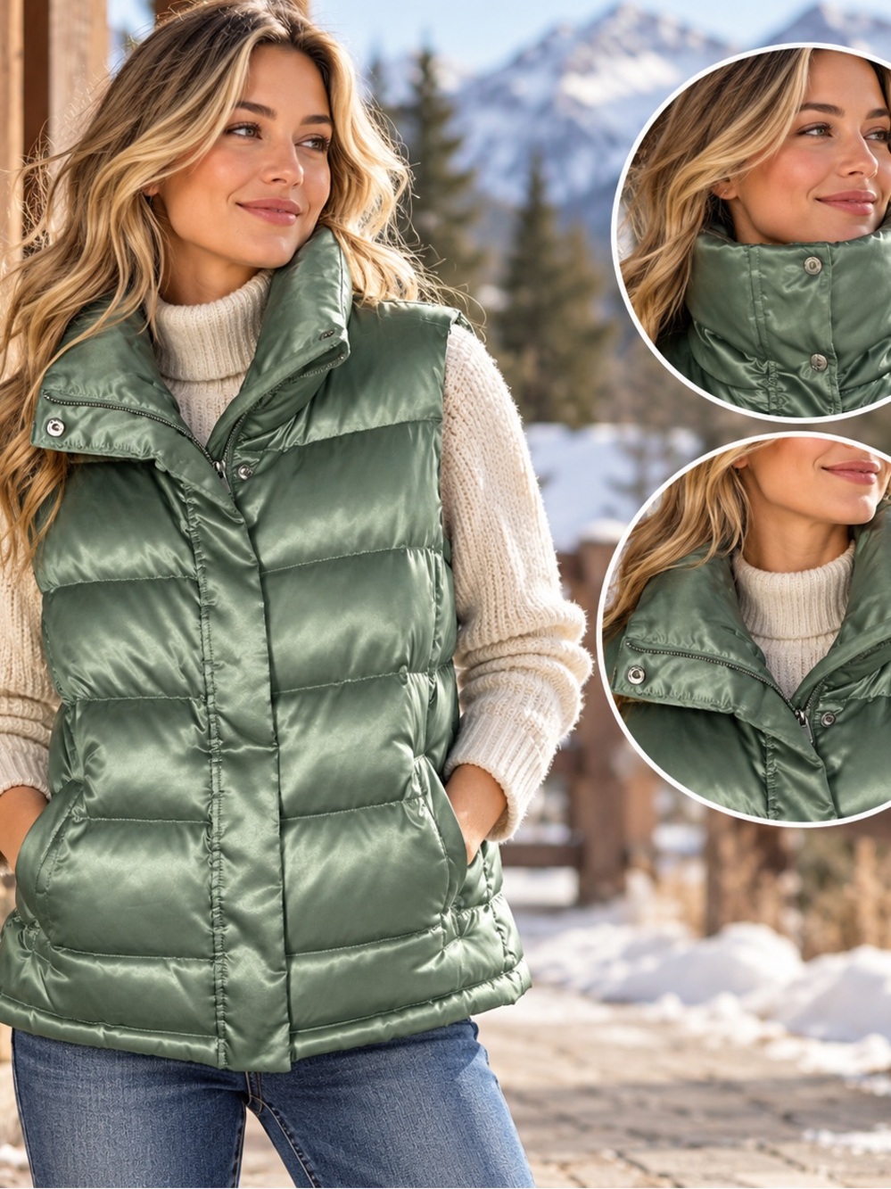 Talbots Down Puffer Vest Sage Green Satin High Collar Women’s M
